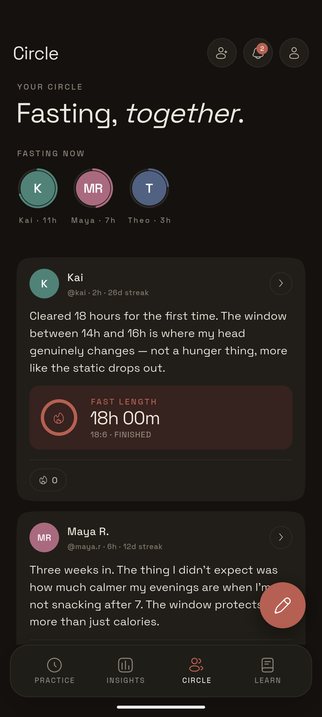 Intermittent app — Circle tab showing a friends feed with applause counts